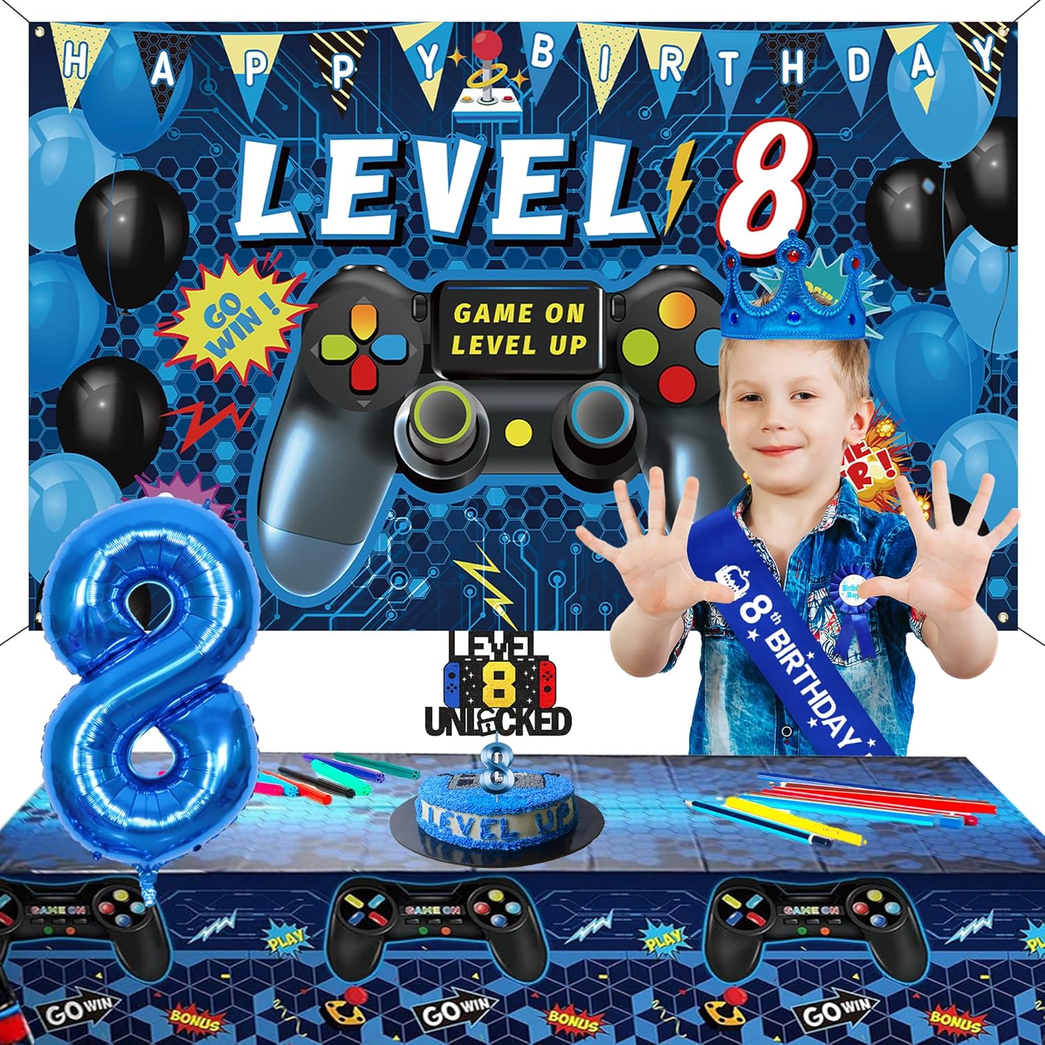 Blue Gamer 8th Birthday Decor Set for Boys