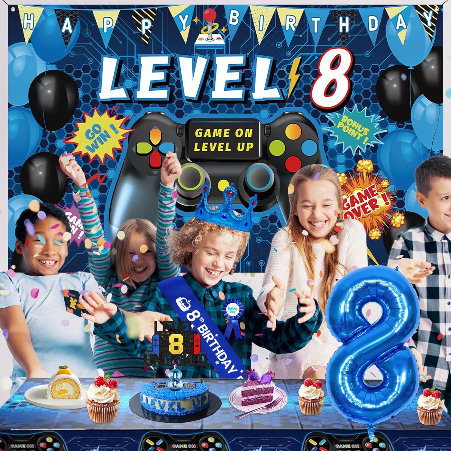 Blue Gamer 8th Birthday Decor Set for Boys
