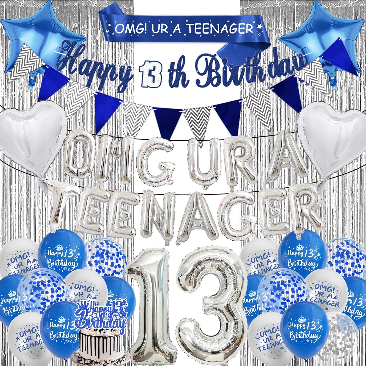 13th Birthday Decorations for Boys Blue Silver Set