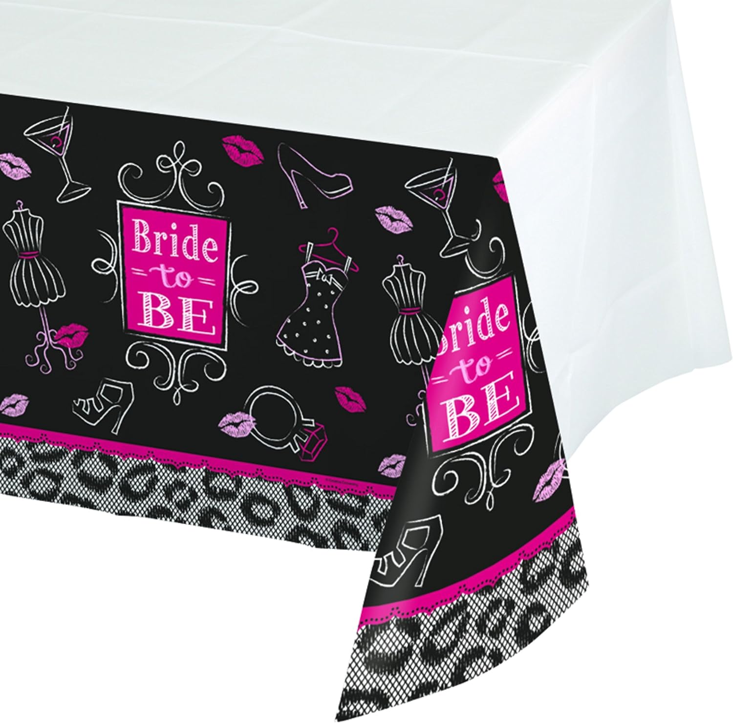 Bridal Bash Plastic Tablecover with Border Print 54x102 Pink Black