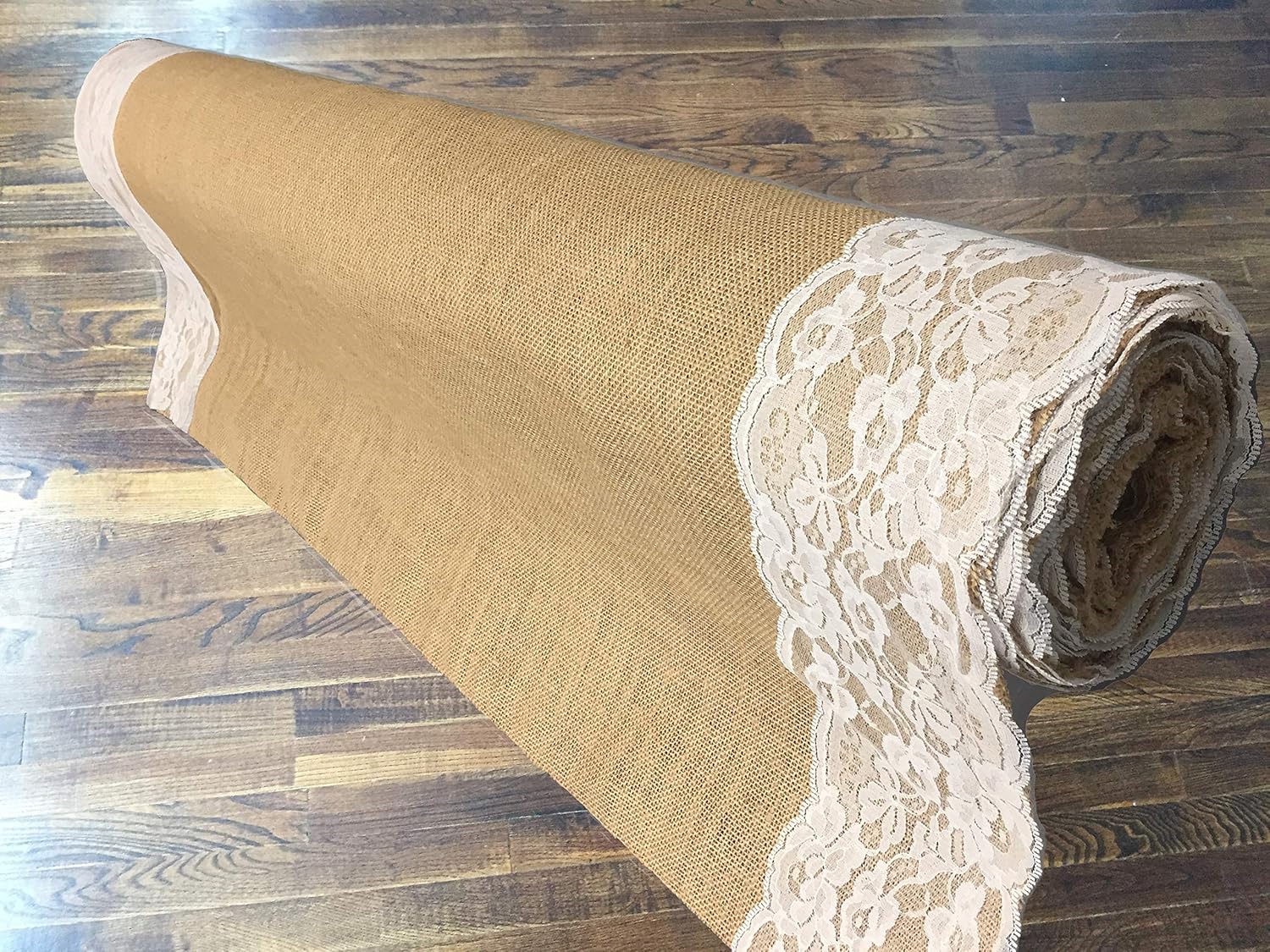 AAYU 75 ft Burlap Wedding Aisle Runner with Ivory Lace