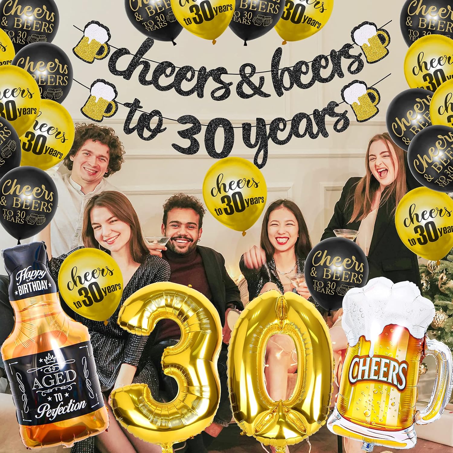 30 Years Anniversary Decor Banner Gold Balloon Set
