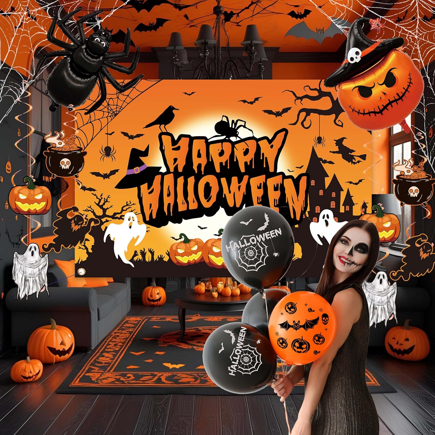 Halloween Party Decorations Set with Backdrop Balloons and Banner