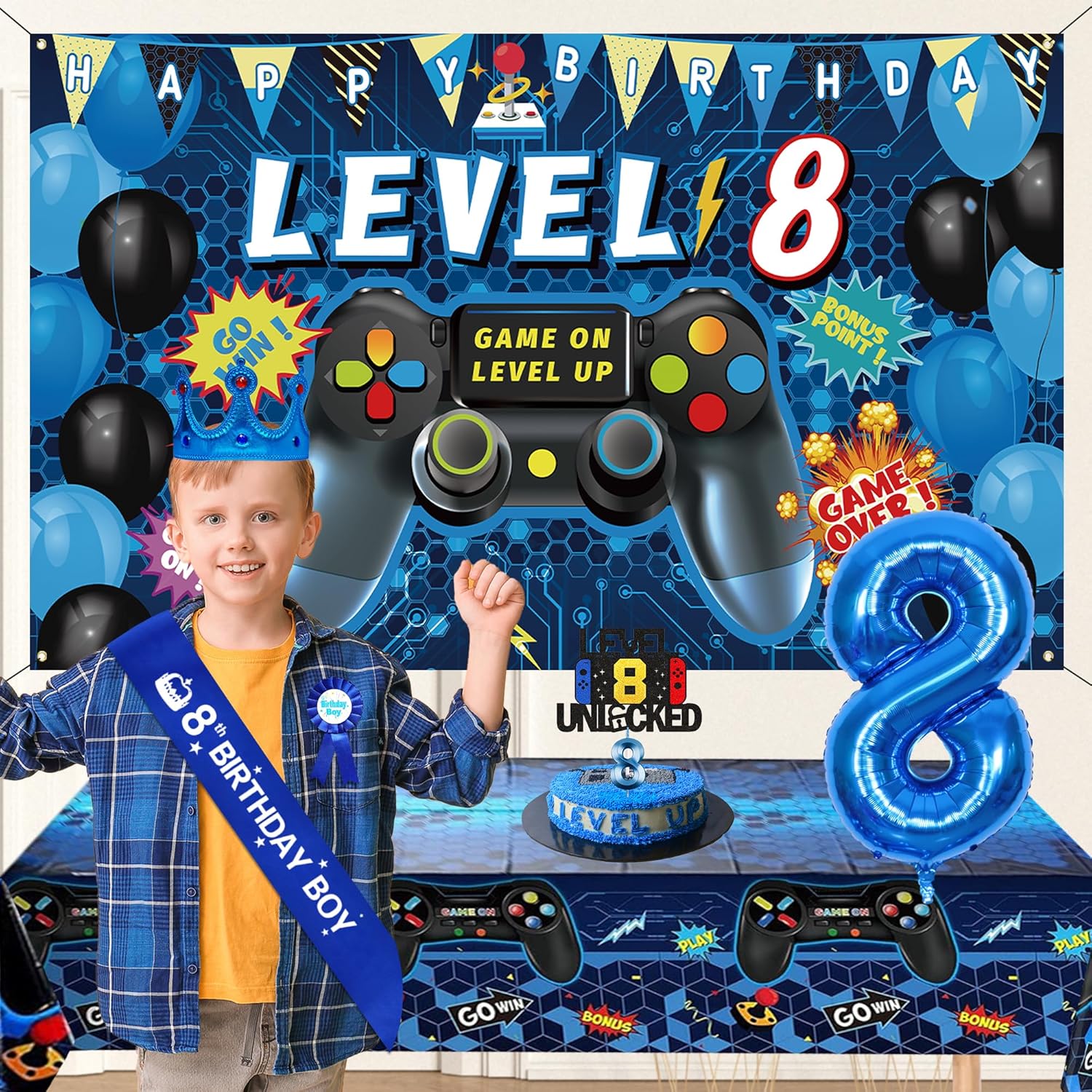 Blue Gamer 8th Birthday Decor Set for Boys