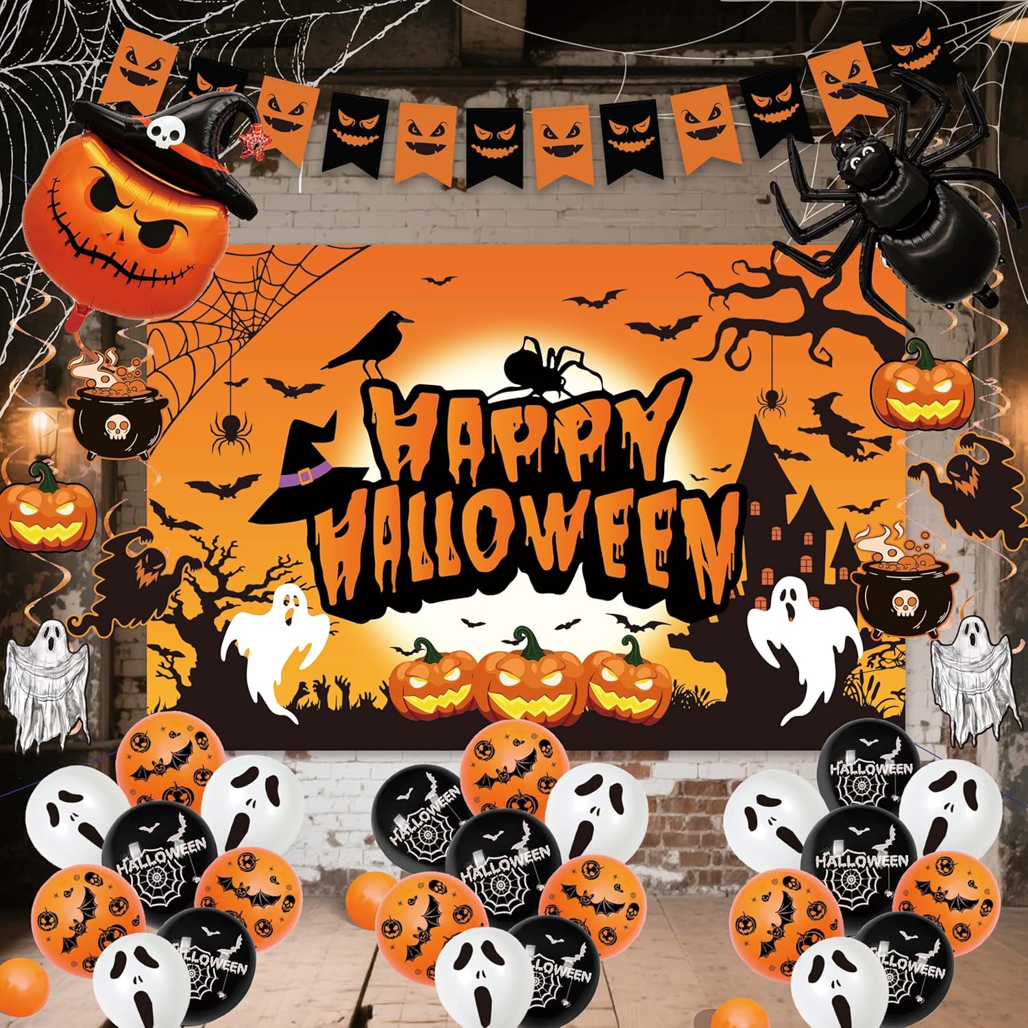 Halloween Party Decorations Set with Backdrop Balloons and Banner