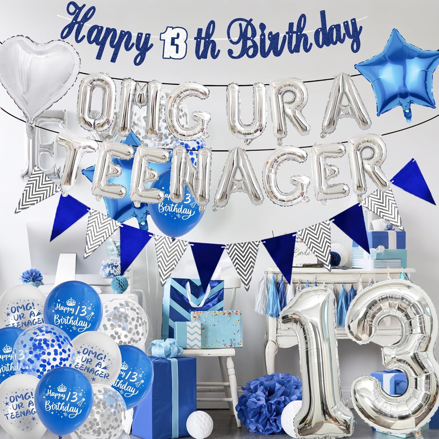 13th Birthday Decorations for Boys Blue Silver Set