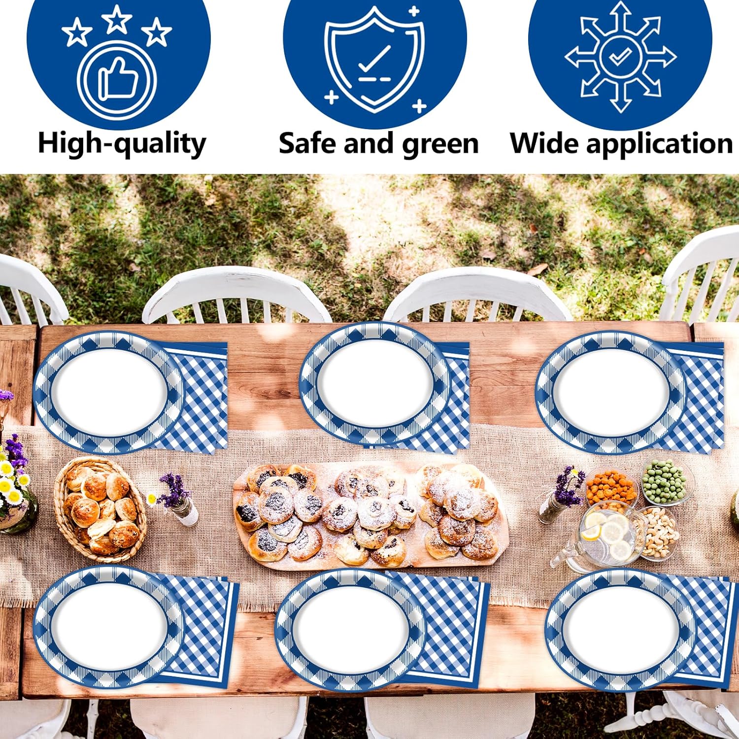 QOUBAI Gingham Oval Plates 11inch Blue White Checkered Set for 25 Guests