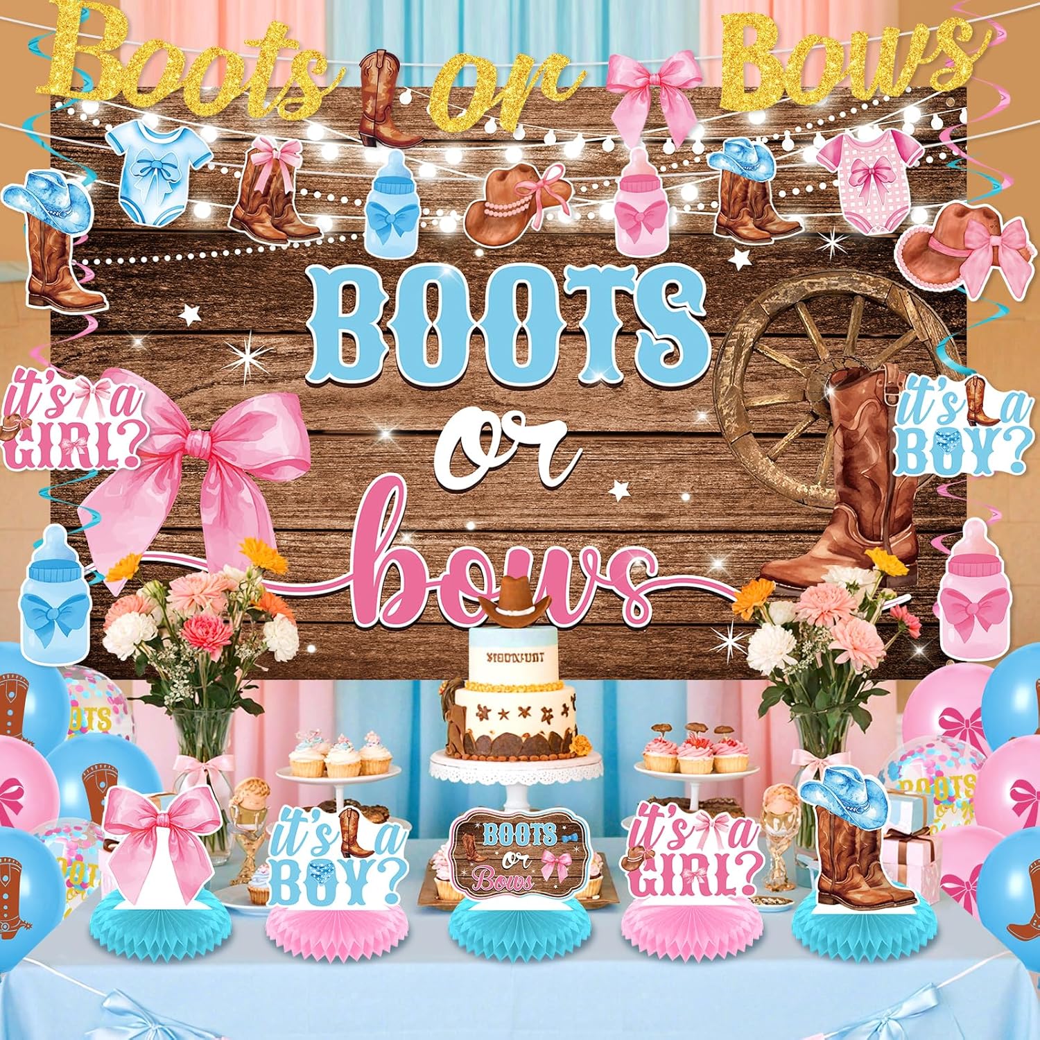 Boots Or Bows Gender Reveal Decor Kit 44 Pieces